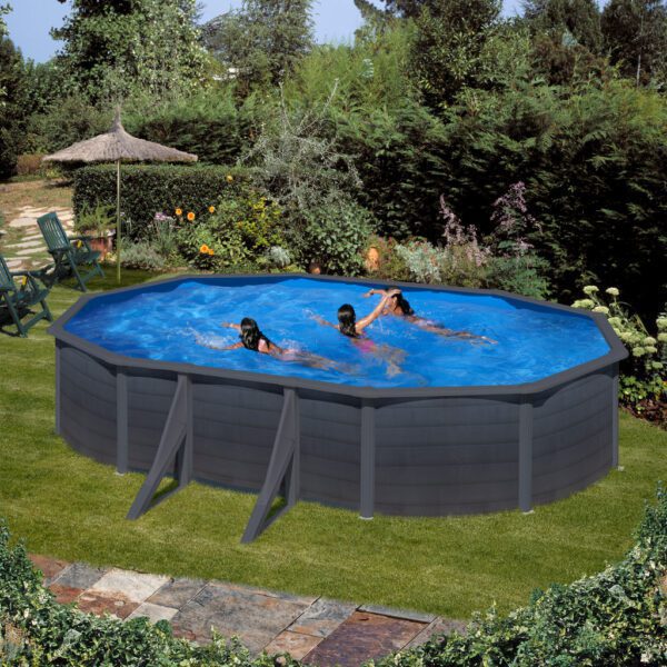 piscina prefabricata ovala cu pereti metalici imitatie de grafit 610 x 375