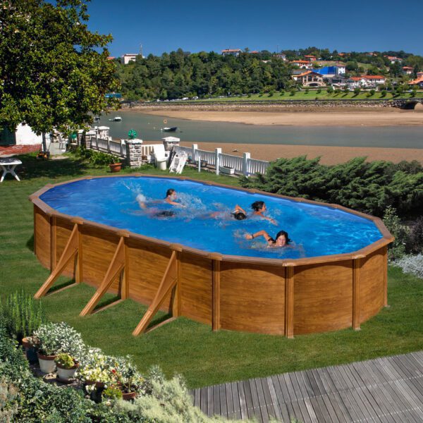 piscina prefabricata ovala cu pereti metalici imitatie de lemn 730 x 375 h 120cm
