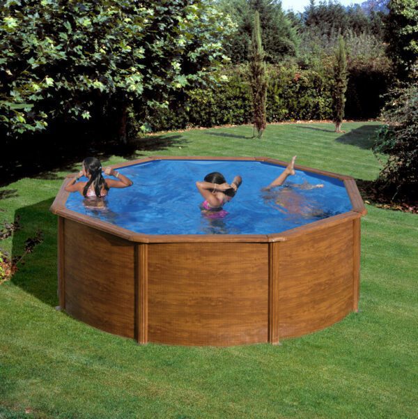 piscina prefabricata rotunda cu pereti metalici imitatie de lemn f350 x h 120cm