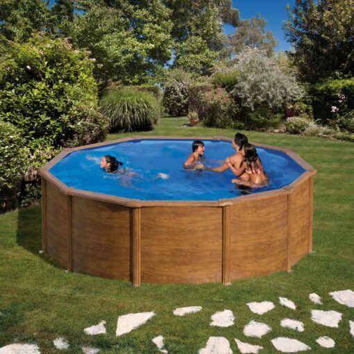 piscina prefabricata rotunda cu pereti metalici imitatie de lemn f460 x h 120cm